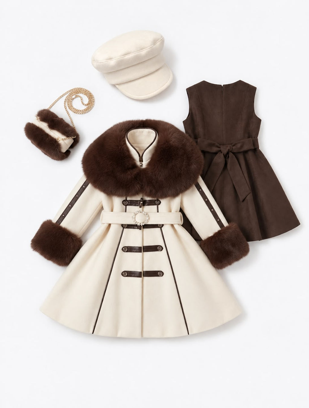 Compleu Elegant pentru Fetițe din 4 Piese cu Palton Crem, Rochie Maro și Accesorii Asortate