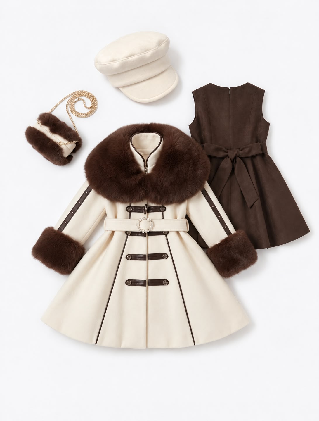 Compleu Elegant pentru Fetițe din 4 Piese cu Palton Crem, Rochie Maro și Accesorii Asortate