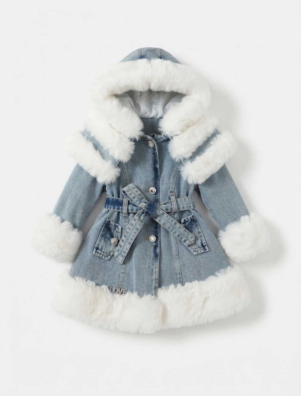 Set Elegant Fetițe – Palton din Denim cu Blăniță și Rochie Crem