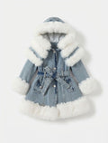 Set Elegant Fetițe – Palton din Denim cu Blăniță și Rochie Crem