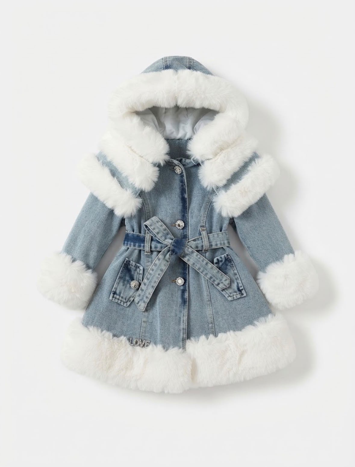 Set Elegant Fetițe – Palton din Denim cu Blăniță și Rochie Crem