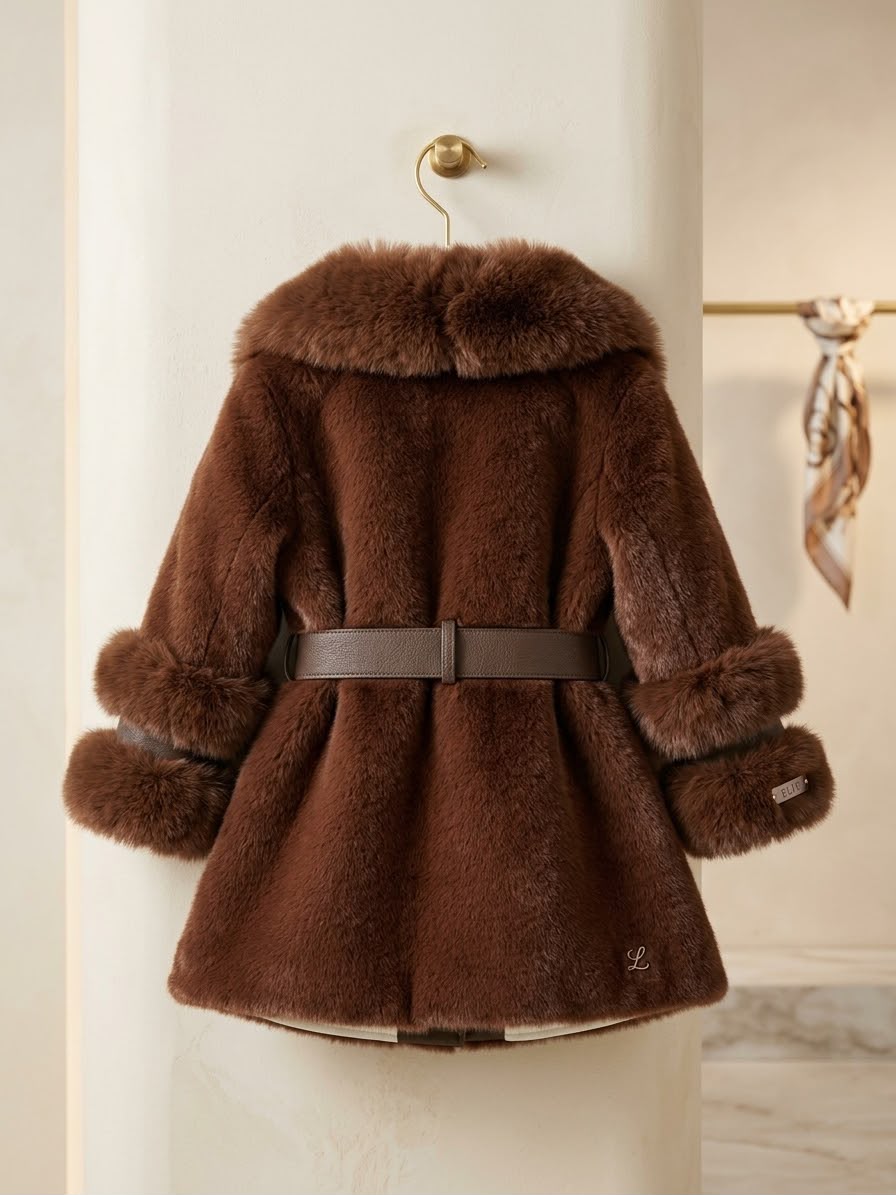 Compleu Elegant pentru Fetițe, 3 Piese – Palton Maro cu Blană, Rochie Crem și Geantă Asortată